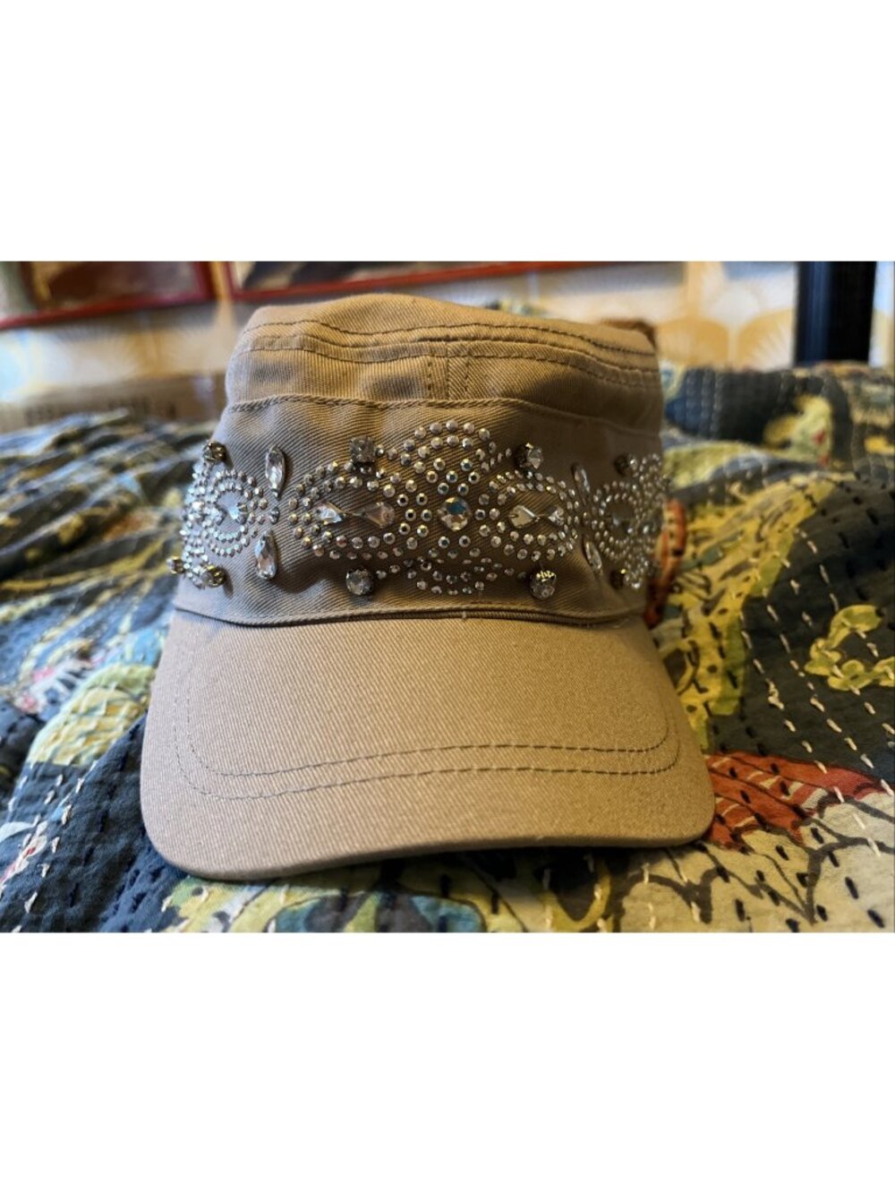 Scala Pronto Hat Army Style Cap Beige Silver Rhinestone Studded Glam Cotton OS